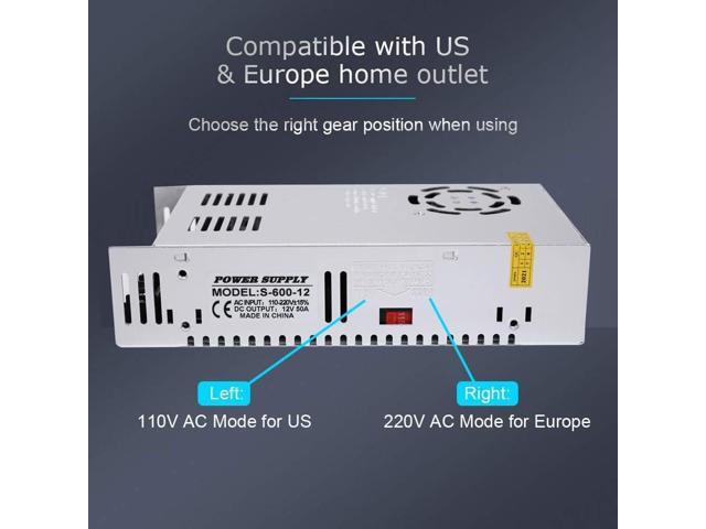 DC 12V 50A 600W Power Supply Adapter Transformer Switch AC 110V / 220V to DC 12V 20amp Switching Converter LED Driver for LED Strip Light CCTV...