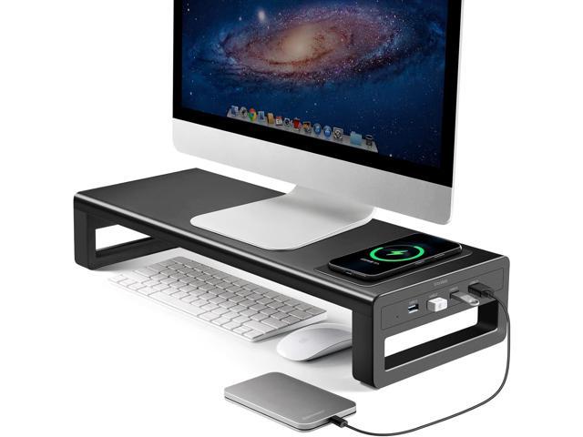 VAYDEER Aluminum Monitor Stand Riser with Wireless Charging and 4 USB Ports Support Data Transfer and Charging, Keyboard and Mouse Storage Desk.