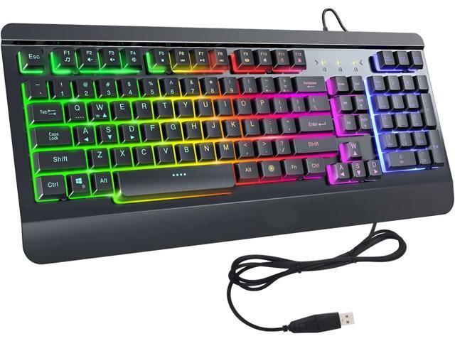 Gaming Keyboard, LED USB Rainbow Backlit Wired Keyboard with Metal Panel, Illuminated Keyboard with Ergonomic Wrist Rest, 19-Key Anti-Ghosting.