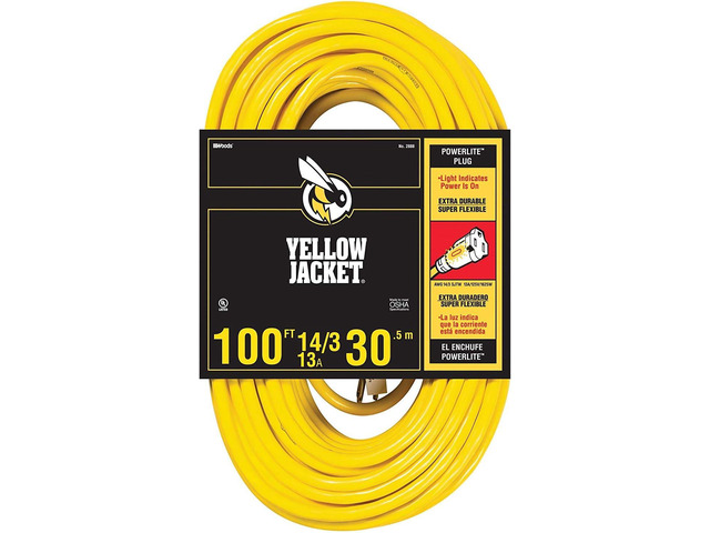 Yellow Jacket 2888 UL Listed 14/3 13 Amp Premium SJTW 100' (30.5M) Extension Cord with Grounded (3 prong) Lighted Receptacle End, 100 Foot, Yellow