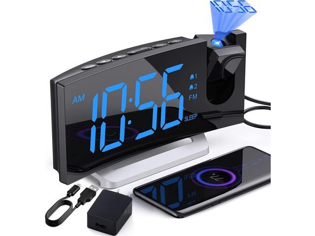 Projection Alarm Clock for Bedroom, FM Clock Radio with 180 Rotatable Projector, 0-100% Adjustable Brightness, Digital Clock with USB.
