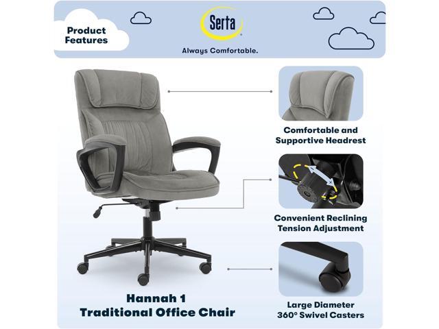 Serta Executive Office Chair Ergonomic Computer Upholstered Layered Body Pillows, Contoured Lumbar Zone, Base, Fabric, Black/Grey