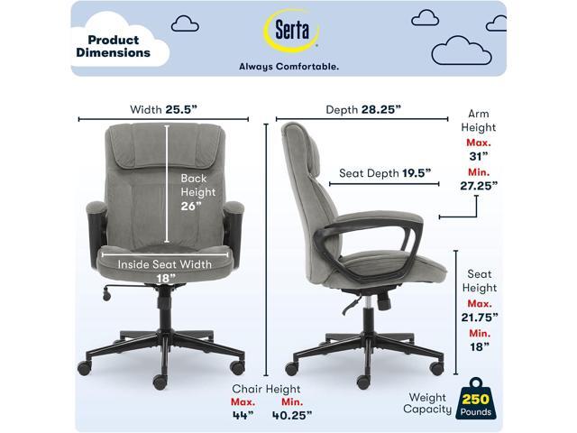 Serta Executive Office Chair Ergonomic Computer Upholstered Layered Body Pillows, Contoured Lumbar Zone, Base, Fabric, Black/Grey