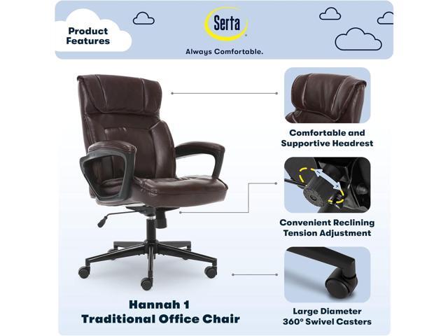 Serta Hannah Executive Home Office Desk Chair, Ergonomic Mid-Back with Lumbar Support, Firm Seat Cushion, Layered Body Pillows, Padded Armrests,...