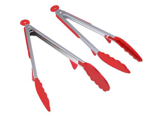 IBESTWIN Tongs Cooking Tongs Silicon Tongs Heat Resistant Antibacterial 23.5cm and 30cm Set With Stand Lockable Storage Convenient (Red)