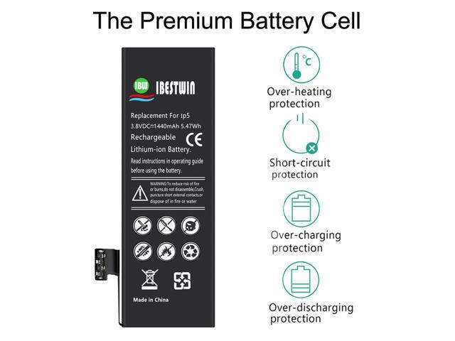 IBESTWIN 3.8V 1440mAh Replacement Battery for iPhone 5 A1428, A1429 and A1442 with Replacement Tool Kits, Adhesive Strip and Instruction(Not for...