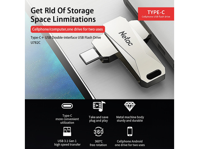 Netac U782C 128GB Type-C + USB Double Interface Flash Drive Plug & Play Mobile Phone Memory Expansion U Disk Silver