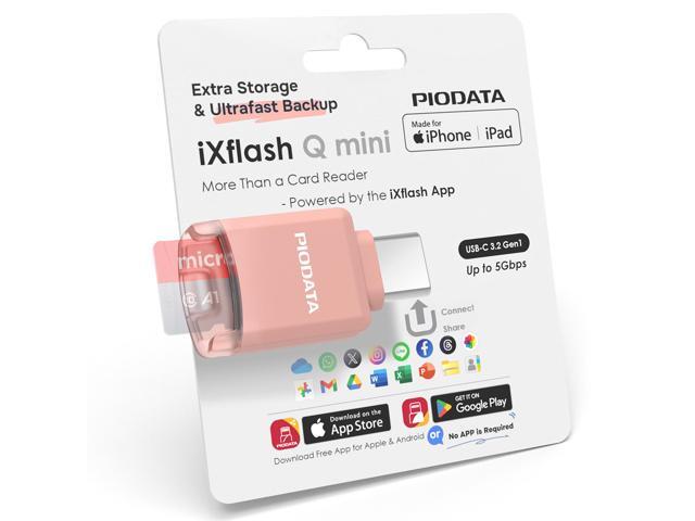 PioData USB-C MicroSD Card Reader for iPhone, iPad & Android with Free APP iXflash Q Mini Photo & Video Backup, 4K Media Playback, Expandable...