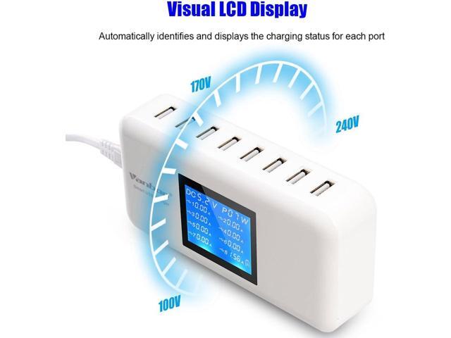 60W/12A 8-Port Desktop Charging Station Multiple USB, Multi Port Travel Fast Wall Charger Hub with LCD for Smart Phones, Tablet and More (White)