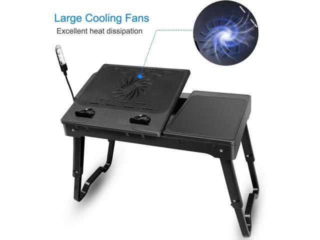 Laptop Desk for Bed, Adjustable Table with Fan, Portable Lap Desk, Foldable Legs, Stand for Couch Sofa, Tray with LED Light, 4 USB Ports, Storage,...