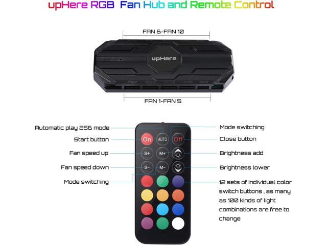 upHere 10-Port 6PIN SATA RGB Hub with 21-Key Remote Control/Splitter for 6-Pin Case Fans in Black-MBX10