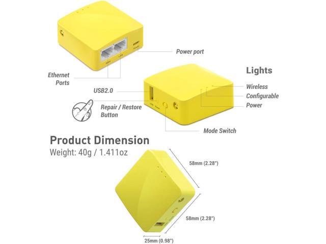 GL. iNet GL-MT300N-V2(Mango) Portable Mini Travel Wireless Pocket VPN WiFi Router - Access Point/Extender/WDS OpenWrt 2 x Ethernet Ports ...