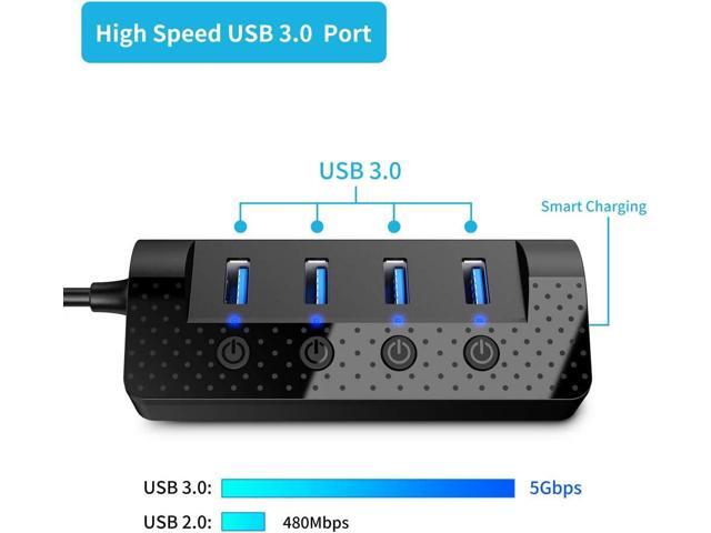 Powered USB Hub 3.0, USB Hub with 4 USB 3.0 Data Ports and 1 USB Smart Charging Port, USB Splitter with Individual Power Switches and 5V/3A Power...