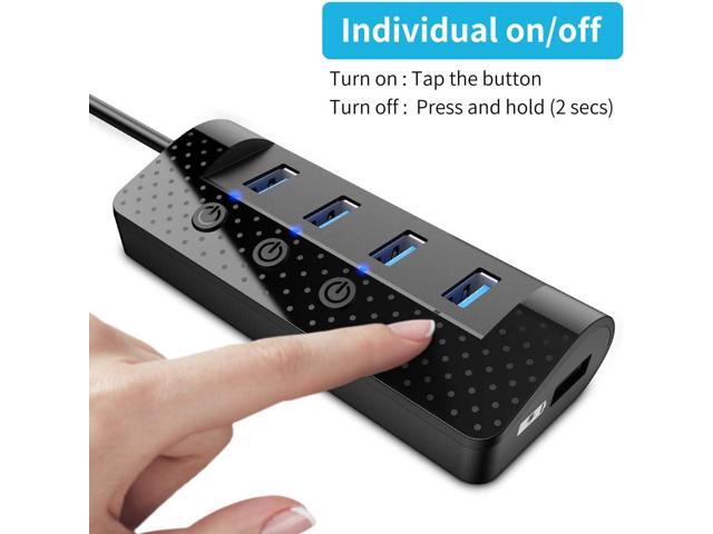 Powered USB Hub 3.0, USB Hub with 4 USB 3.0 Data Ports and 1 USB Smart Charging Port, USB Splitter with Individual Power Switches and 5V/3A Power...