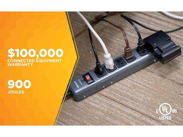 Woods 41546 Metal Surge Protector with 6 Outlets Lighted Circuit Breaker Switch, 900J of Protection, 3 Foot Cord, Dark Gray