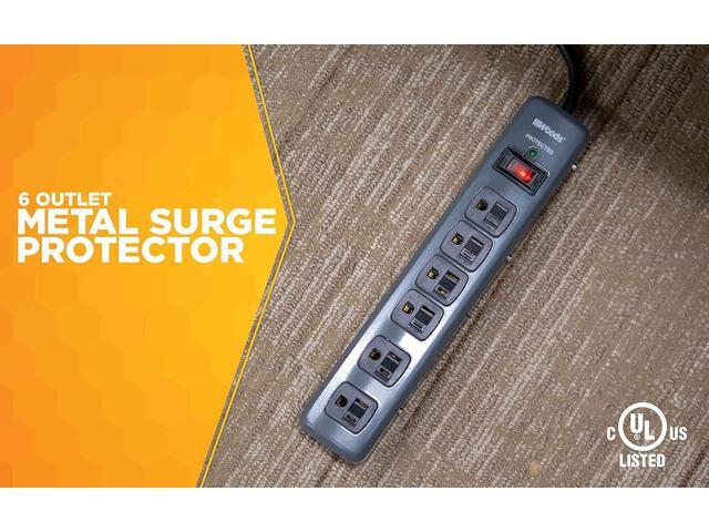 Woods 41546 Metal Surge Protector with 6 Outlets Lighted Circuit Breaker Switch, 900J of Protection, 3 Foot Cord, Dark Gray