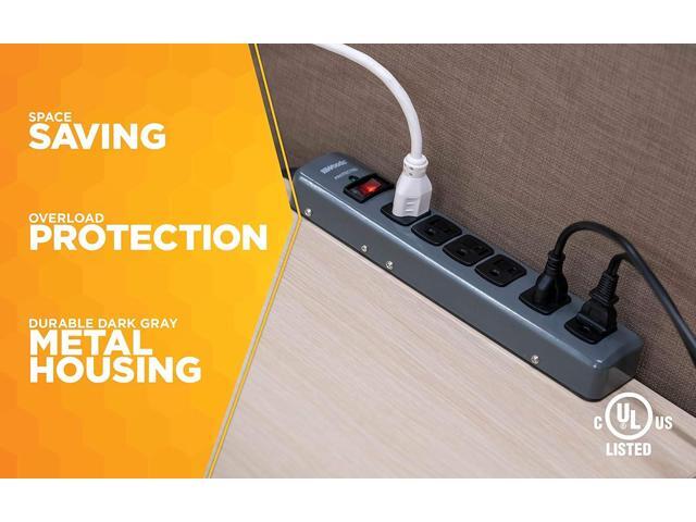 Woods 41546 Metal Surge Protector with 6 Outlets Lighted Circuit Breaker Switch, 900J of Protection, 3 Foot Cord, Dark Gray