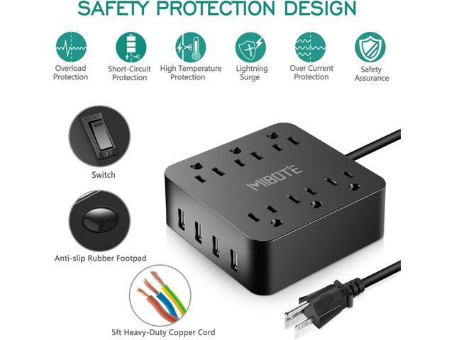 Power Strip with USB, MIBOTE 6 AC Outlet with 4 Port USB Surge Protector Power Strip Charger 5ft Power Cord 1875W 100-240V for Travel, TV,...