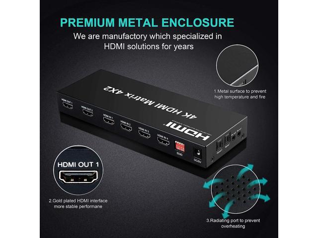 FERRISA 4x2 HDMI Matrix Switch,4 in 2 Out Matrix HDMI Video Switcher Splitter +Optical & L/R Audio Output,Support Ultra HD 4K,3D 1080P,Audio EDID...