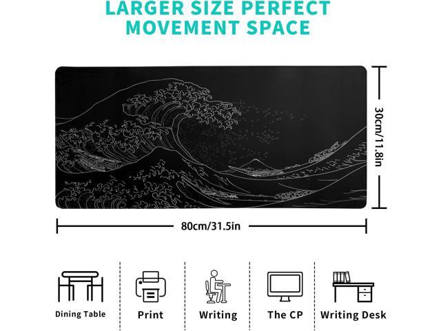 Japanese Sea Wave Large Mouse Pad, Anime Black Gaming, Extended Kanagawa Mat Desk Pad, 3mm Thick Long Non-Slip Rubber Base Mice Pad, 31.5 X 11.8 Inch