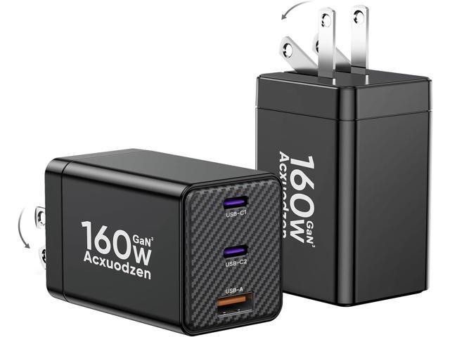 [2 Pack] USB C Charger Block 160W, 3-Port GaN Super Fast Charger, Dual 65W Type C Charging Block, Foldable QC3.0 Laptop Fast Charging Adapter for...