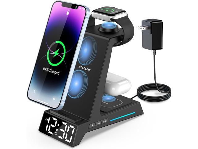 Wireless Charging Station - 4 in 1 Wireless Charger with Alarm Clock, Charging Stand Dock for iPhone 16 15 14 13 12 11 X 8, for AirPods 3 Pro,...