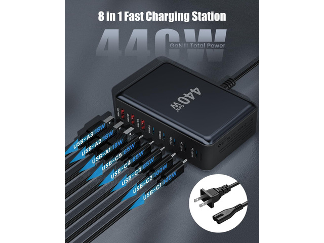 USB C Charger Block 440W Charging Station Hub,8 Port GaN III Fast Charging Brick with 5ft Extension Cord,PD QC PPS 100W Laptop Power Adapter for...