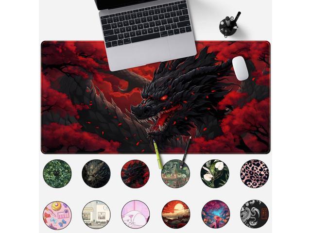 Huge Dragon Large Mouse Pad - Red and Black Mousepad, Big Full Keyboard and Mouse Pad with Stitched Edges, Anti-Slip, Funny Desk Pad, 31.5 X 15.8 in.
