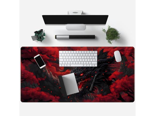 Huge Dragon Large Mouse Pad - Red and Black Mousepad, Big Full Keyboard and Mouse Pad with Stitched Edges, Anti-Slip, Funny Desk Pad, 31.5 X 15.8 in.