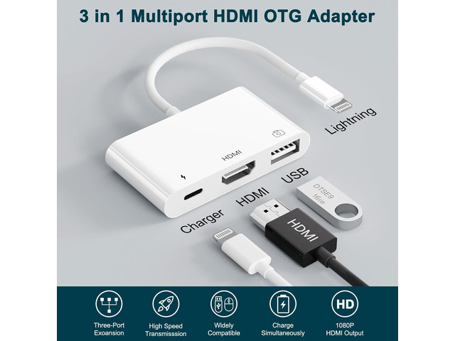 HDMI Adapter, 3 in 1 USB Camera Adapter with 1080P Digital AV HDMI Adapter + Charging Splitter, Support USB Flash Drive, MIDI Keyboard, Mouse,...