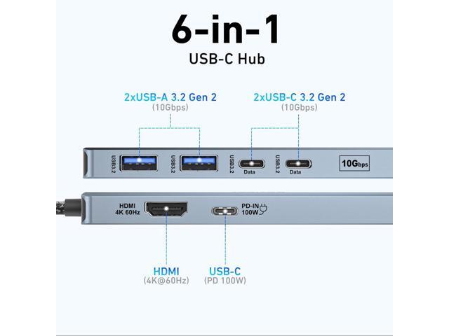 BENFEI USB C HUB 6-in-1 with HDMI(4K@60Hz), 100W Power Delivery, 10Gbps 2*USB-A and 2*USB-C, Silicone Cable, Aluminum Case Compatible with iPhone...