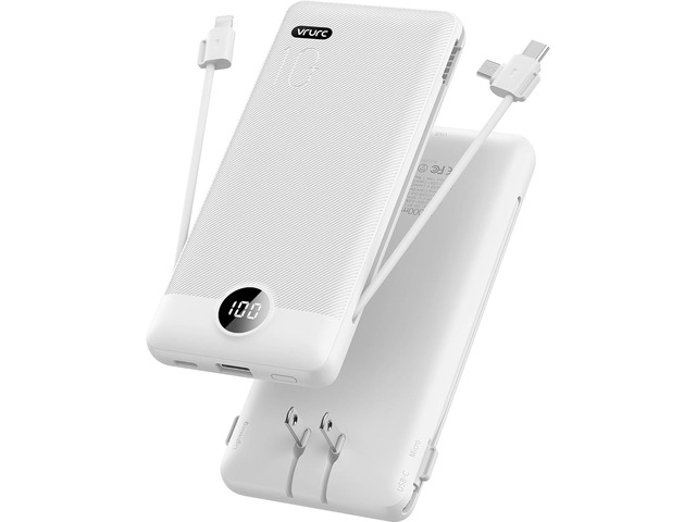 VRURC Portable Charger Built-in Cables and AC Wall Plug, USB C Power Bank 10000mAh, Travel Essentials Phone Charger Compact Lightweight External...