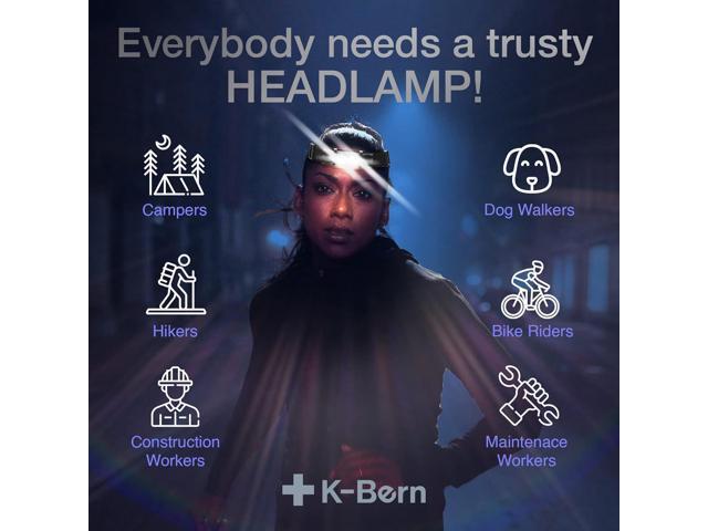 K-Bern Rechargeable Headlamp. 1850 Lumen, Ultra Bright Head Lights for Forehead. Waterproof, Lightweight Aluminum, 2600mAh Battery, Perfect for Dog...
