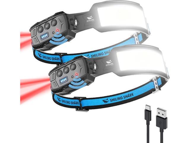 Smiling Shark Headlamp, 2 Pack Head Lamps Led Rechargeable 6 Modes 7*White Lights 270° Lighting Red Tail Light for Camping Fishing Repairation,.
