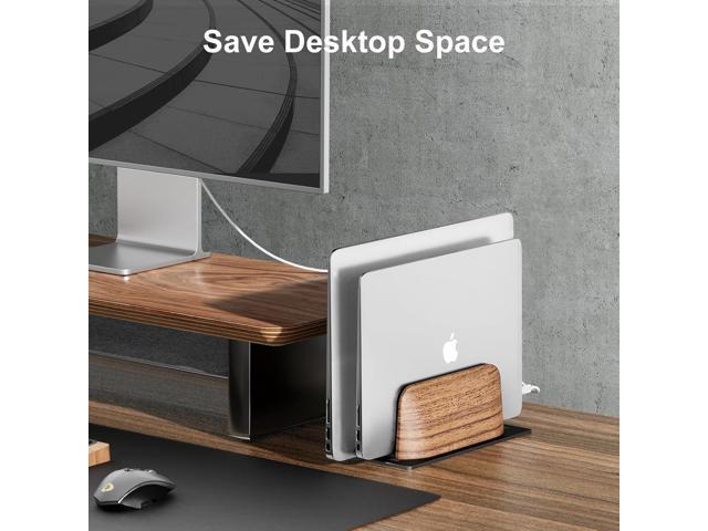 UPERGO Vertical Laptop Stand, Dual Slot Wooden Laptop Holder Vertical for Desk, Width Adjustable Dock for MacBook Pro and Other Laptops