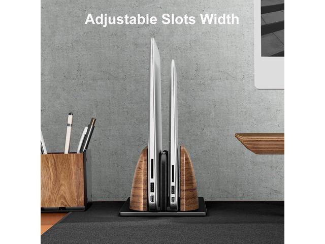 UPERGO Vertical Laptop Stand, Dual Slot Wooden Laptop Holder Vertical for Desk, Width Adjustable Dock for MacBook Pro and Other Laptops