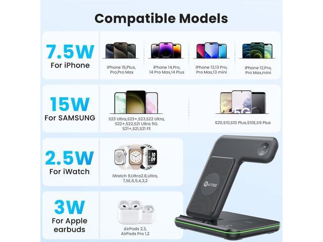WAITIEE Wireless Charger 3 in 1, 15W Fast Charging Station for Apple Watch 10/9/8/Ultra 2/Ultra/SE/7/6/5/4/3/2, for AirPods 4/3/2/Pro for iPhone...