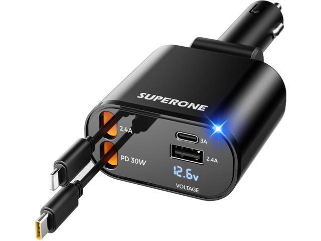 Upgraded SUPERONE Retractable Car Charger 4 in 1, Fast Car Phone Charger with Cord 2.6ft, USB C and Apple Car Adapter, Compatible with iPhone 17 16...