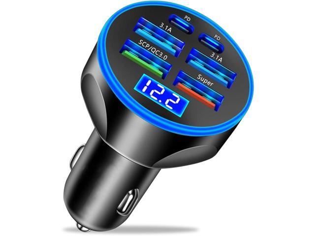 Super Fast Charge USB C Car Phone Charger Adapter 6 in 1 with Voltage Display 250W Multi Port Cigarette Lighter USB Charge for iPhone 16 15 14 13...