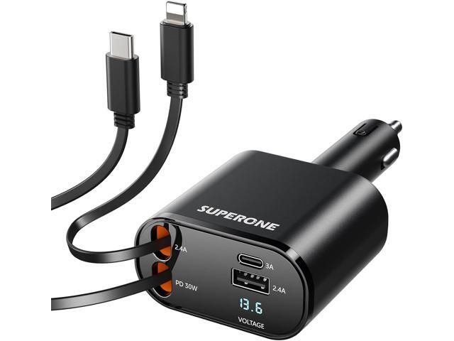 Retractable Car Charger 4 in 1 Fast Car Phone Charger Adapter with Type C & Apple Cords Compatible with iPhone 17/16/15/14/13/12/11, Galaxy, Pixel