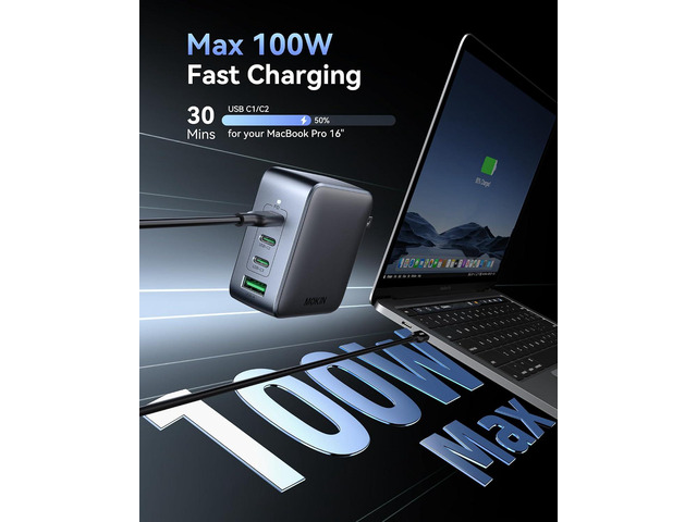 USB C Charger Block 100W, 4 Port GaN Charger USB C Fast Charging Station Foldable Compact Wall Charging Power Adapter for MacBook Pro/Air, Dell...