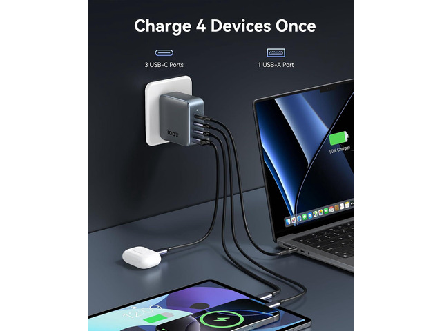 USB C Charger Block 100W, 4 Port GaN Charger USB C Fast Charging Station Foldable Compact Wall Charging Power Adapter for MacBook Pro/Air, Dell...