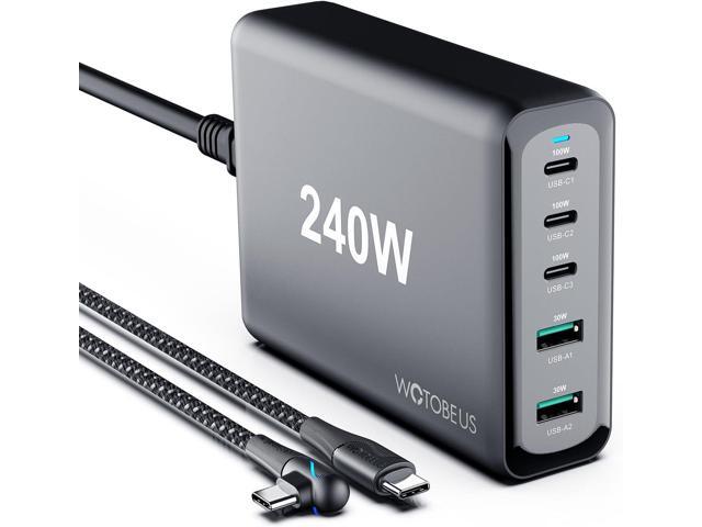 WOTOBEUS 240W 5-Ports USB C GaN Charger PD 100W PPS45W Super Fast Charging Station & 5A Cable & AC Cord for iPhone 16 15 14 iPad MacBook Pro Air...