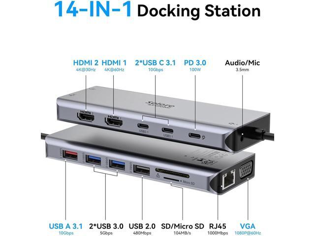 Selore USB C Docking Station Dual Monitor,LaptopDocking Station,14 in 1 Docking Station 3 Monitors with 2 HDMI,VGA,10G USB A/C,100W PD,6 USB A/C...