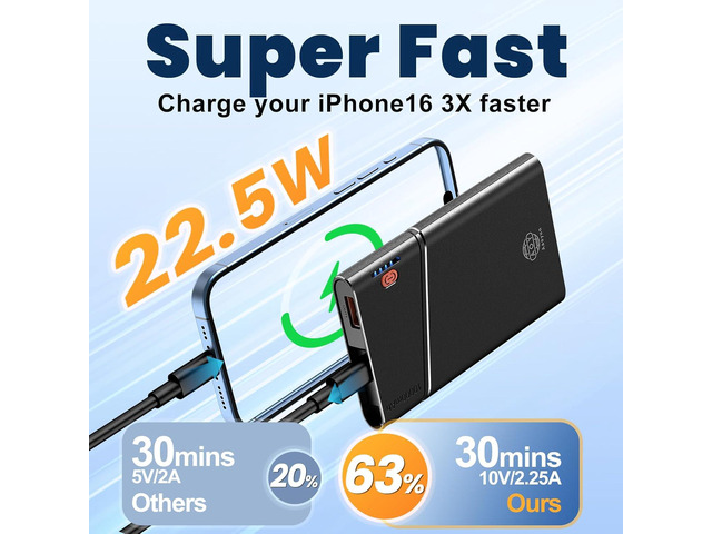 Portable Charger Power Bank, 10000mAh 22.5W PD Super Fast Charging Powerbank with Built-in USB C in & Out Cable, Slim Battery Pack for iPhone 16/15...