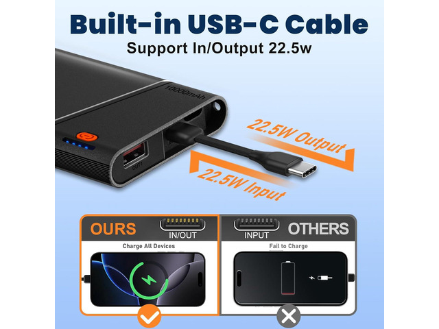 Portable Charger Power Bank, 10000mAh 22.5W PD Super Fast Charging Powerbank with Built-in USB C in & Out Cable, Slim Battery Pack for iPhone 16/15...