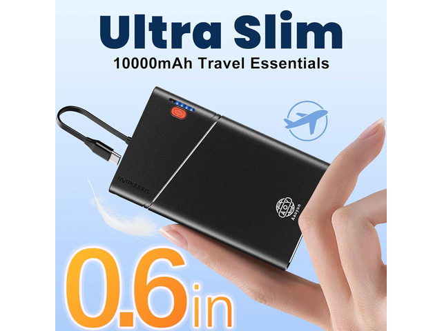 Portable Charger Power Bank, 10000mAh 22.5W PD Super Fast Charging Powerbank with Built-in USB C in & Out Cable, Slim Battery Pack for iPhone 16/15...