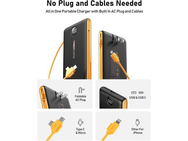 Portable Charger Power Bank Built in Cables and Wall Plug, 10000mAh iPhone Battery Pack Fast Charging, USB C External Slim Power Bank, Travel...