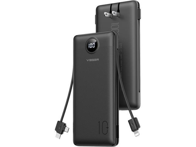 VEGER All in One Travel Portable Charger with Built-in AC Plug & Cables, 10000mAh Slim Power Bank Battery Pack, 15W Fast Charging Compatible with...