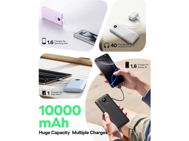 VEGER AC Wall Plug Portable Charger, 10000mah Slim Portable Charger Built in Cables, USB C Power Bank 15W Fast Charging, Travel Essential Battery...